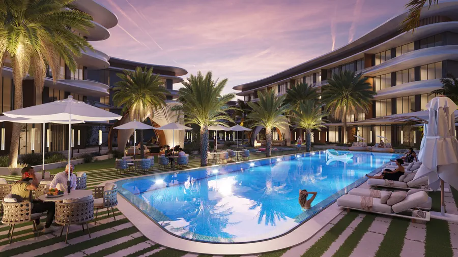 Swimming pool deck at sunset