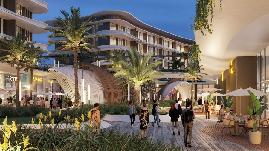 Illuminated retail promenade in the evening